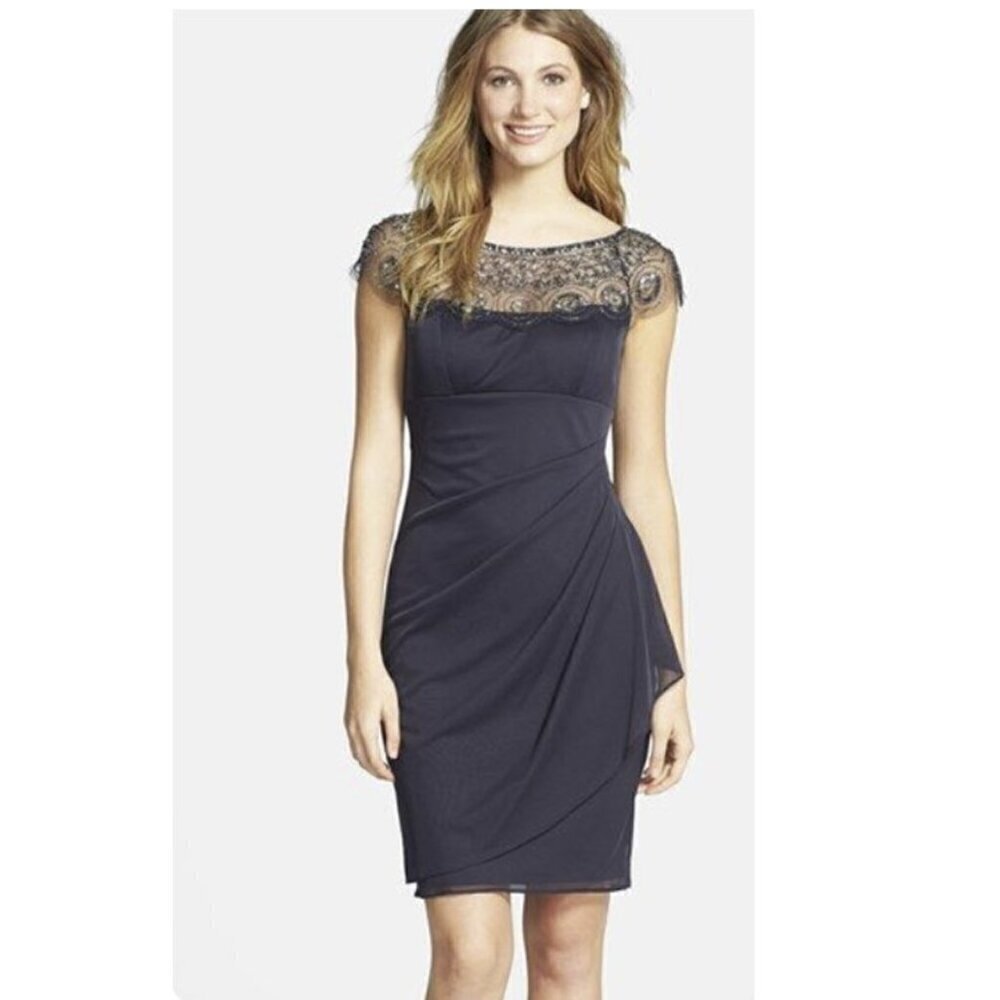Cache Embellished Yoke Ruched Mesh Sheath Dress